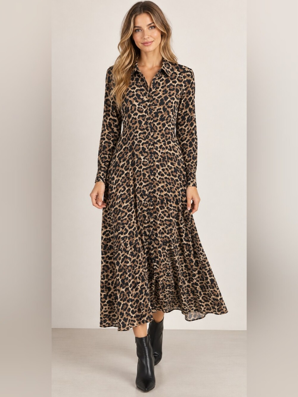 Zara Woman Leopard Print Button-Front Midi Dress